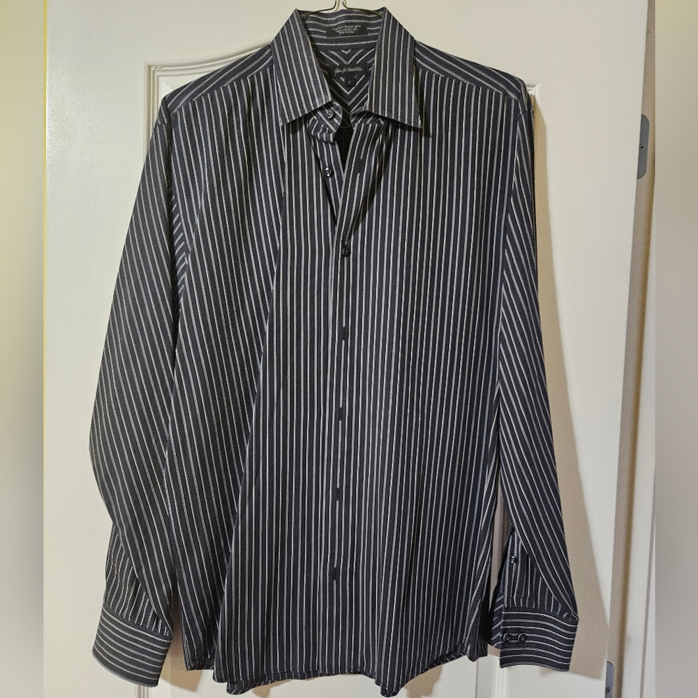 John W Nordstrom Mens Button Front Long Sleeve Cotton Black Stripe Shirt Large L